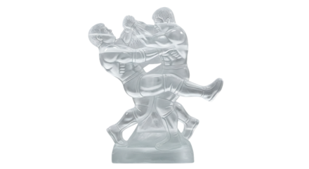 Two male wrestlers in a dynamic pose, sculpted from clear ice, isolated transparent