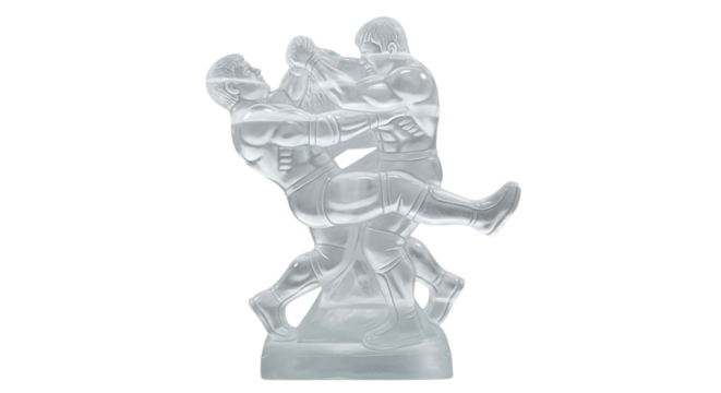 Two male wrestlers in a dynamic pose, sculpted from clear ice, isolated transparent