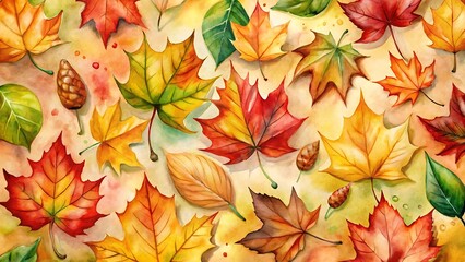 Watercolor illustration of colorful autumn leaves and pine cones background