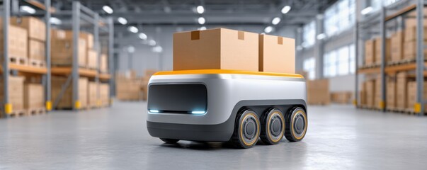 AI concepts in automation of personnel in industry. A robotic delivery vehicle transports boxes in a spacious warehouse, showcasing automation in logistics and modern technology.
