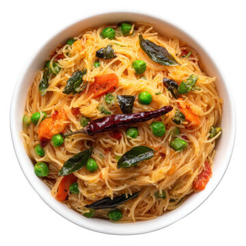 Homemade healthy delicious vermicelli semiya uppittu upma semolina with onion, peas, carrot, curry leaves, dry chilli, popular south indian breakfast menu [Transparent Background PNG].