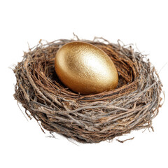 Fototapeta premium Golden egg placed in a rustic nest symbolizing wealth and new beginnings [Transparent Background PNG].
