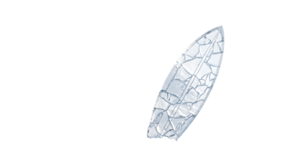 A stylized, abstract 3d render of a surfboard shape with a shattered glass texture, isolated a transparent, representing brokenness or fragmentation