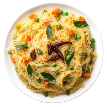 Homemade healthy delicious vermicelli semiya uppittu upma semolina with onion, peas, carrot, curry leaves, dry chilli, popular south indian breakfast menu [Transparent Background PNG].