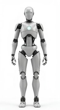 A full shot of a metallic gray robot, standing upright against a plain white background, displaying articulated limbs and a glowing chest piece.