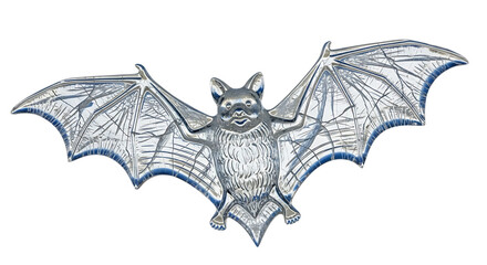 A realistic, detailed 3d render of a silver bat with outstretched wings, isolated a transparent, perfect for halloween or fantasy themes