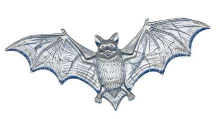 A realistic, detailed 3d render of a silver bat with outstretched wings, isolated a transparent, perfect for halloween or fantasy themes