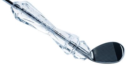 A golf club with a clear, icy grip, isolated a transparent, suggesting a cool or frozen environment for the sport