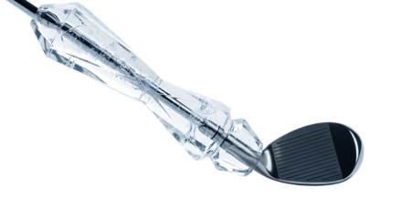 A golf club with a clear, icy grip, isolated a transparent, suggesting a cool or frozen environment for the sport