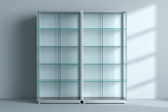 Vetrina moderna in vetro e metallo con ripiani trasparenti, luce naturale laterale. Arredo espositivo minimal per casa, showroom o negozio.