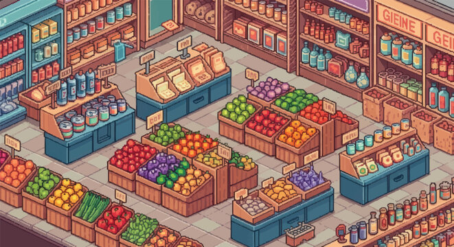 Isometric pixel art grocery store brimming with colorful produce and pantry items for a retro gaming or design project with vibrant, nostalgic appeal
