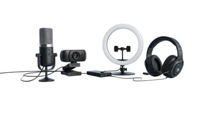 A collection of streaming equipment including a microphone, webcam, ring light, and headphones, isolated transparent