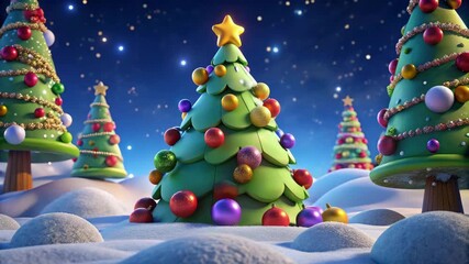 Illustration of whimsical christmas scene featuring cartoonstyle christmas trees adorned with colorful ornaments and a star on top, set against a snowy landscape with a starry night sky - Powered by Adobe