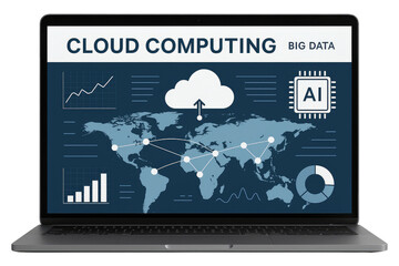 Laptop displaying cloud computing and big data graphics with world map on white background computer technology isolated on a transparent background
