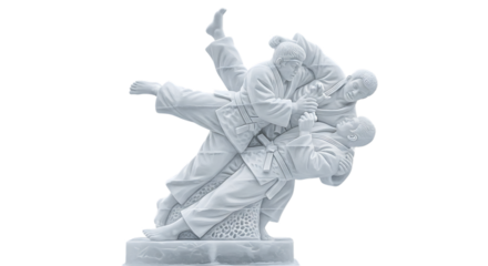 Sculpture depicting two judo athletes in a grappling hold, isolated transparent