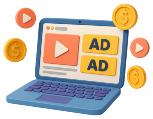 Laptop displaying video ads and coins with play buttons on white background computer screen isolated on a transparent background