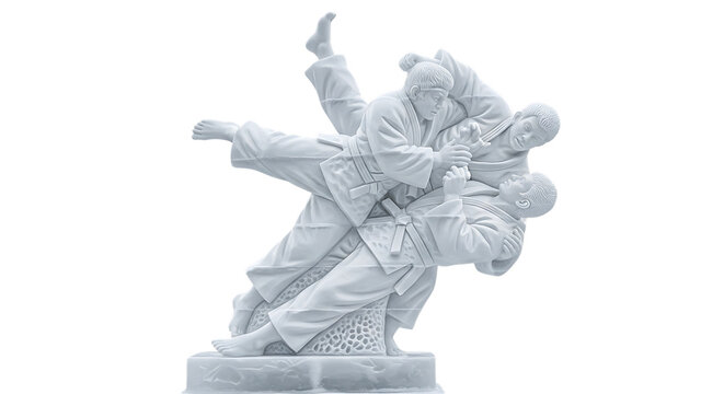 Sculpture depicting two judo athletes in a grappling hold, isolated transparent