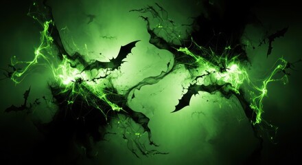 Eerie green halloween background with bats and glowing lightning effects