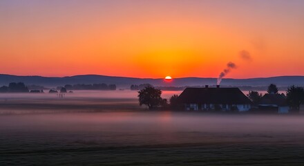 A tranquil rural landscape at sunrise, bathed in warm colors and soft mist, showcasing a farmhouse nestled in the valley.