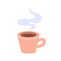 Minimalistic vector illustration of a coffee cup with steam rising above it. Soft pink hue coffee cup, simple flat design. Good morning banner