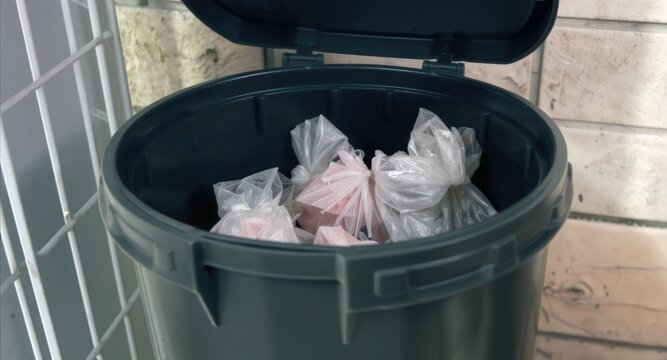 Dark gray trash can, open lid, plastic bags filled with pink objects