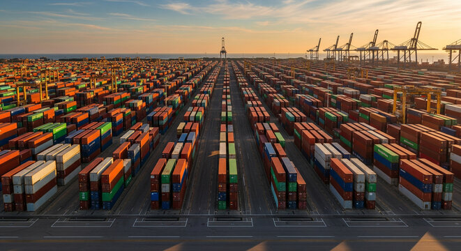 Rows of Shipping Containers at a Busy Port at Sunset

This sweeping, wide-angle shot captures a vast cargo port at sunset