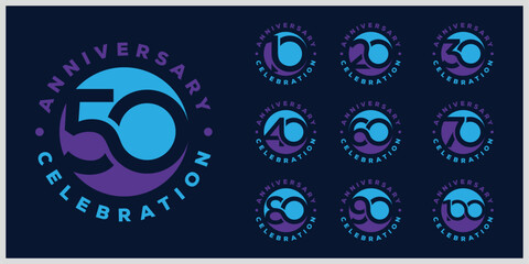 Collection of anniversary circle logo design. Celebration day special vector icon, abstract number 10 to 100 symbol graphics