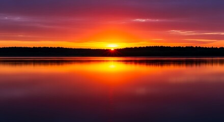 Naklejka premium Vibrant Sunset Over Calm Lake with Bright Orange and Purple Sky