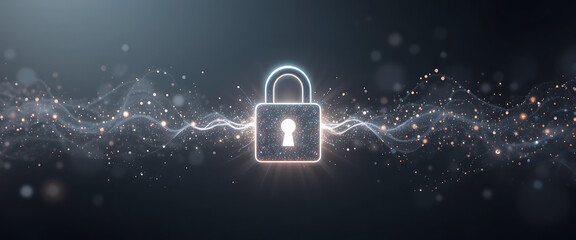 Minimalist black background with glowing 4D lock hologram in center,