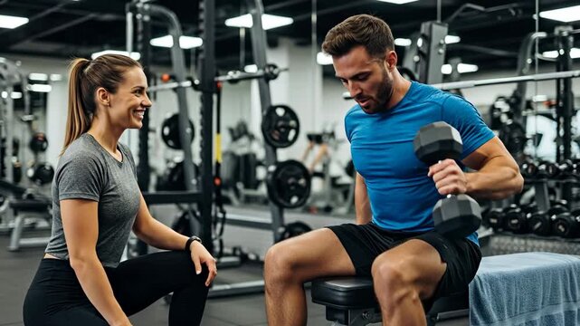 Fitness Trainer Motivating Client at Gym - A dedicated female fitness trainer provides encouragement and support to her male client during a dumbbell workout in a modern gym.
