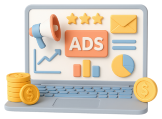 Laptop with advertising icons and coins, representing online marketing computer isolated on a transparent background