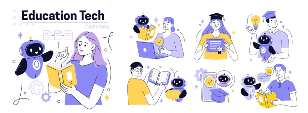 Education technology set. Collection of characters using artificial intelligence generative tools for machine learning, studying, development. EdTech concept. Vector illustration.