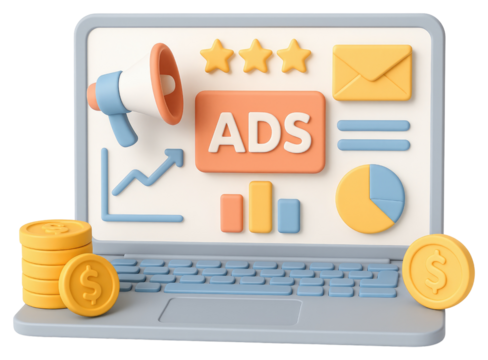 Laptop with advertising icons and coins, representing online marketing computer isolated on a transparent background