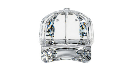 A baseball cap meticulously crafted from clear, sparkling diamond or crystal, showcasing intricate facets and a luxurious, highend design, isolated transparent