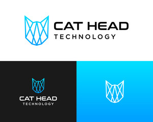 A logo design about a geometric cat head with thin lines.

