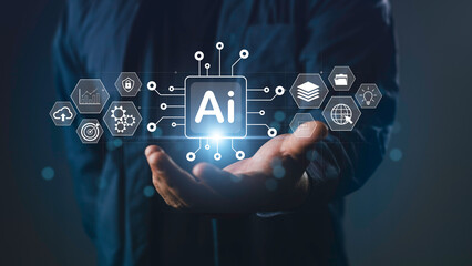 Businessman holding AI tools interface with futuristic icons, symbolizing artificial intelligence, automation, big data, cloud computing, and smart technology solutions for business innovation.