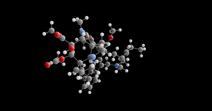 Vinorelbine molecule, rotating 3D model of antineoplastic agents, looped video on a black background

