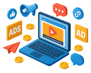 Laptop with video ads surrounded by social media icons coins and paper airplane isolated on a transparent background