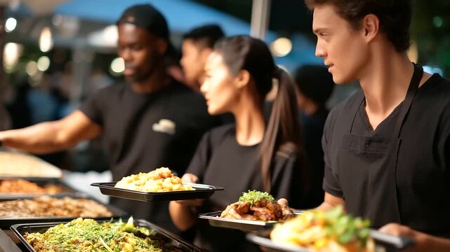 Experience the vibrant allure of street food culture with a cinematic, wide-angle view of neon-lit stalls and eager tasters.