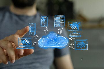 Person interacting with a cloud computing network.  Digital devices connect to the cloud.