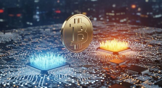 A Bitcoin symbol on a digital circuit board with two glowing processors on either side. - Powered by Adobe