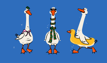 A funny and creative set of doodle illustrations of stylish geese. This whimsical art captures humorous moments, perfect for lighthearted design and branding projects
