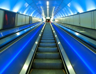 Modern blue subway escalator