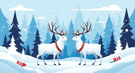 Winter Scene of Two Reindeer in Snow Forest with Gift Boxes