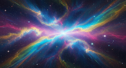 A vibrant and colorful depiction of a cosmic nebula, showcasing a dazzling array of hues and intricate cloud formations, with stars scattered across the dark expanse.