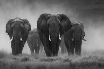 Fototapeta premium Group of Elephants Walking in Grassland in Black and White