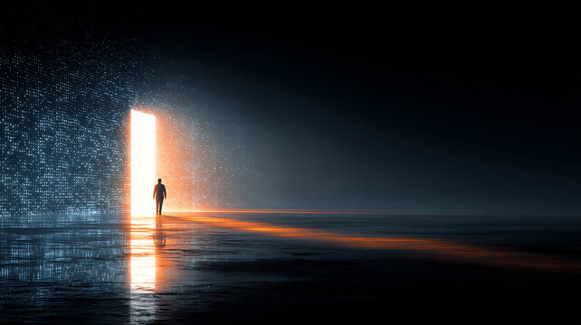 Unlock access to new possibilities as person walks through glowing door into bright digital world filled with light and hope in dark futuristic environment
