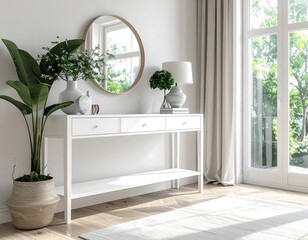 Modern, bright entryway with white console table, mirror, and plants