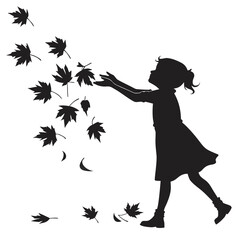 Girl tossing autumn leaves silhouette