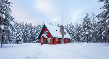 A cozy red cabin with a chimney and snow-covered trees in the background.
